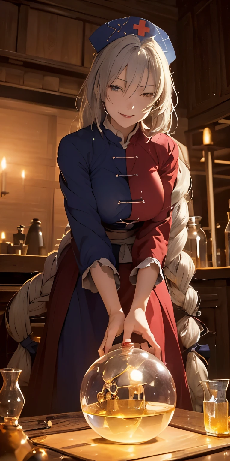 (masterpiece, best quality:1.3), (from below:1.3), Yagokoro Eirin, Touhou Series, perfect face, expressive eyes, 1woman, looking at viewer, 38 years old, gorgeous body, big breast, beautiful, anime, lora,1woman, silver hair, braid hair, nurse cap, red and blue clothes, long skirt, (evil look, looks down on viewer:1.5), (cinematic lighting, realistic, dream-like, enchanting atmosphere:1.3), (photo of a woman in her dark and mysterious environment:1.3), (the woman surrounded by an aura of mystery and intrigue:1.3), (a dark and mysterious laboratory decorated with many flasks, each filled with colorful liquids:2.0), (a table before Eirin decorated with flask, spread out in mysterious shapes:2.0), (she is full of joy in making new discoveries:1.5), (a crystal ball nearby, adding to the mystical setting:1.3), (a hint of incense in the air, adding to the sensory experience:1.3),