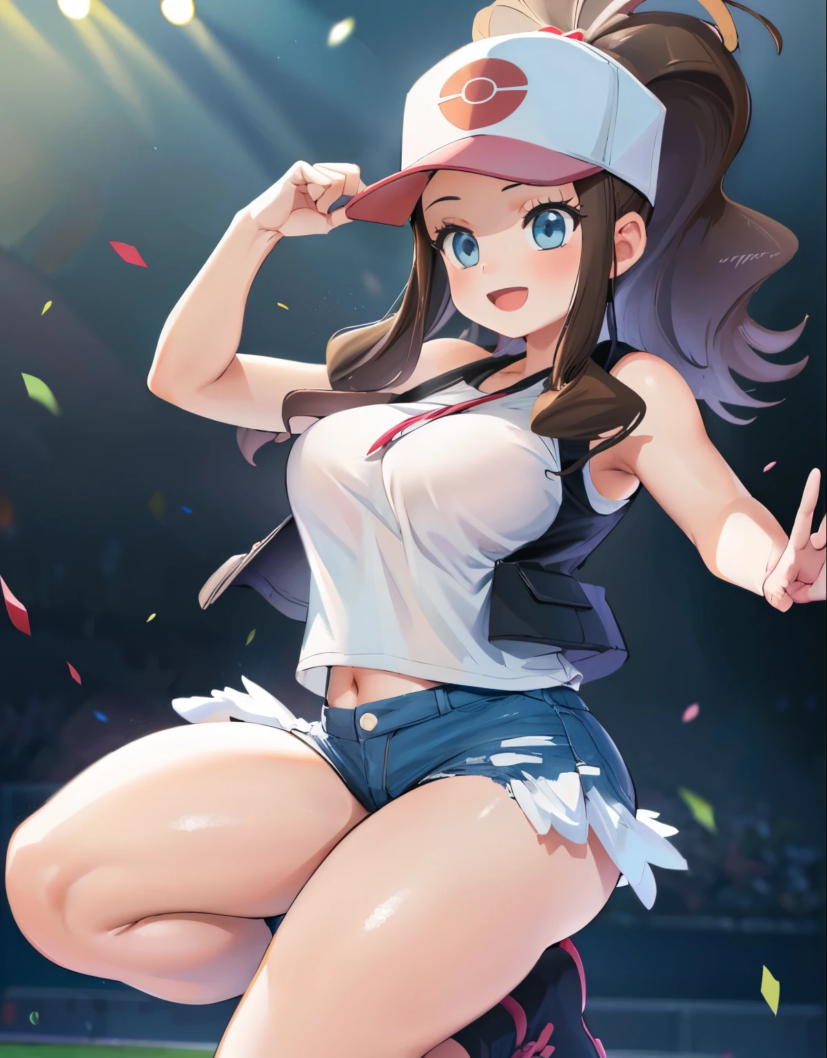 (best quality,4k,8k,highres,masterpiece:1.2),ultra-detailed,(realistic,photorealistic,photo-realistic:1.37)highres,portrait,beautiful girl, ultra-detailed, realistic:1.37, sketches, hilda pokemon, def1, curvy, visible thighs, chubby thighs, thighs in the foreground, body shape, loved look, smile, open mouth, encanto femenino, in a stadium, dinamic pose