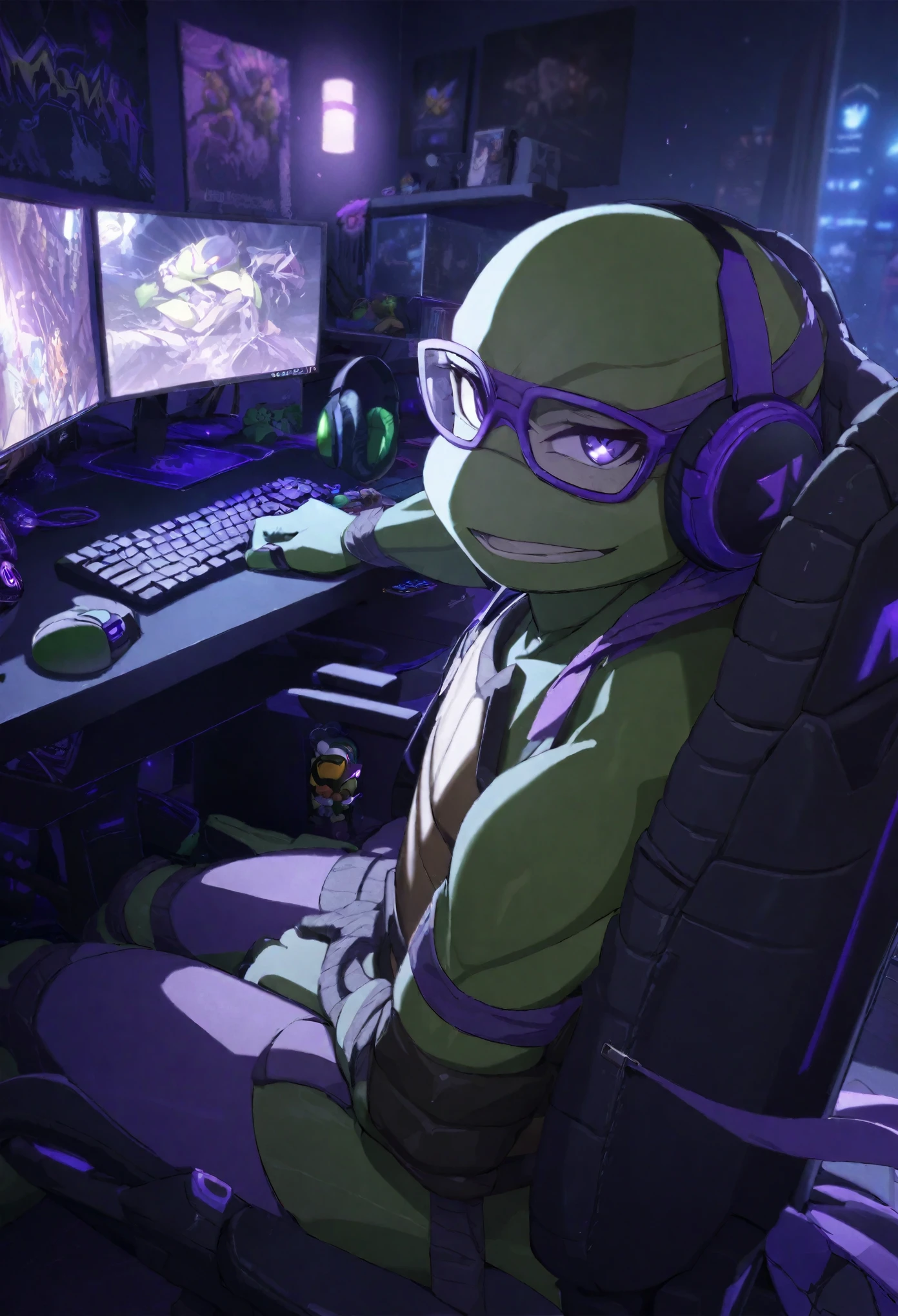 highest quality, best quality, highly detailed,beautiful lighting,TMNTDONATELLO, Sitting, gamer chair, gamer pc, in the night room, headphones, glasses,WEARING PURPLE BANDANA MASK WITH EYE-HOLES, A TEENAGE MUTANT NINJA TURTLE,