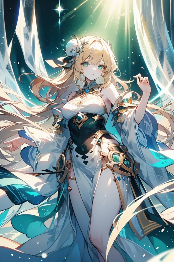 Very beautiful and badass girl (pale skin, light blonde hair and eyes; evening dress, bright eyes, very beautiful, ice hands), haughty smile. There are snowflakes around. She summons ice. Beautiful skin. Beautitul and detailed eyes. green eyes. Her eyes shine, her hair looks nice and shines too. Himecut hairstyle, golden earrings, shining golden hairpin. She’s in a fantasy snow kingdom. That feminine beauty is present in her. juicy lips.