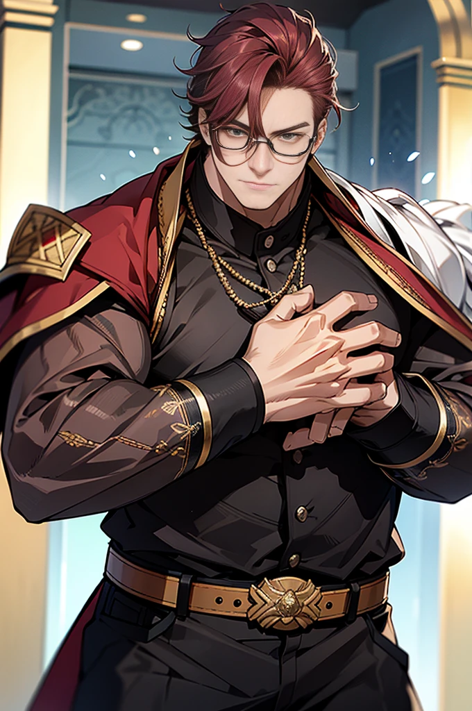 (ultra detallado, pixel perfect, high resolution, mejor calidad, hermosos ojos finamente detallados), male, cabello corto, flequillo parcial, pelo granate, ruby eyes, traje azul oscuro, Capucha negra, gafas de sol, Moderno, musculoso, muy musculoso,comandante, Desenfoque de movimiento, 8k, super detail, Preciso, mejor calidad, trazado de rayos.