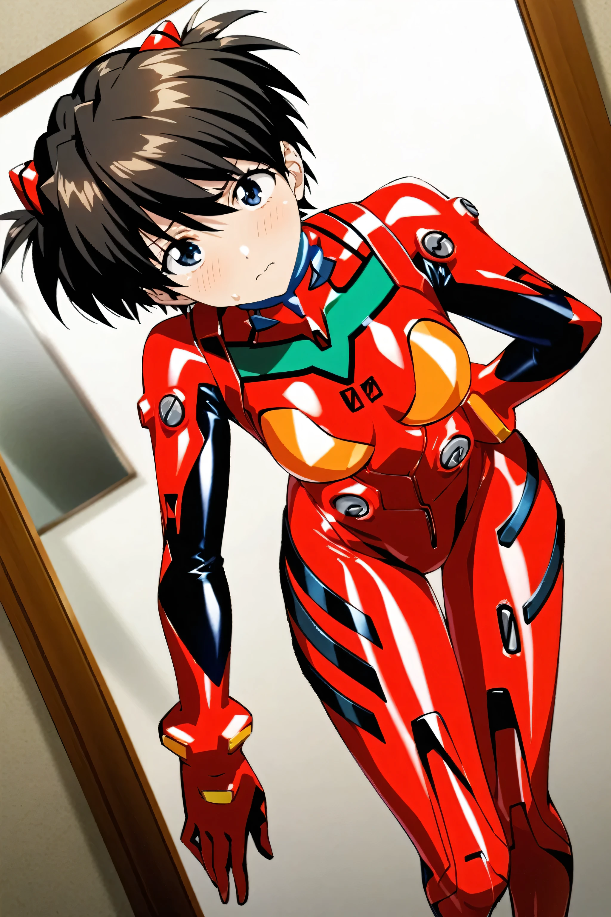 (in front of mirror:1.3), (futanari bulging under bodysuit), official art, Highly detailed CG Unity 8K wallpaper, highest quality, masterpiece, High resolution, black hair, short hair, (shiny red latex bodysuit:1.2),(plugsuit:1.3), Leather texture, full body photo,(ikari_shinji:1.4),1 feminin boy, solo,black hair, (short cut hair:1.3),absurdres ,absolutely resolution ,incredibly absurdres ,(absolute shiny clothes),highest quality, ultra shiny clothes ,embarrassed ,simple white background,
