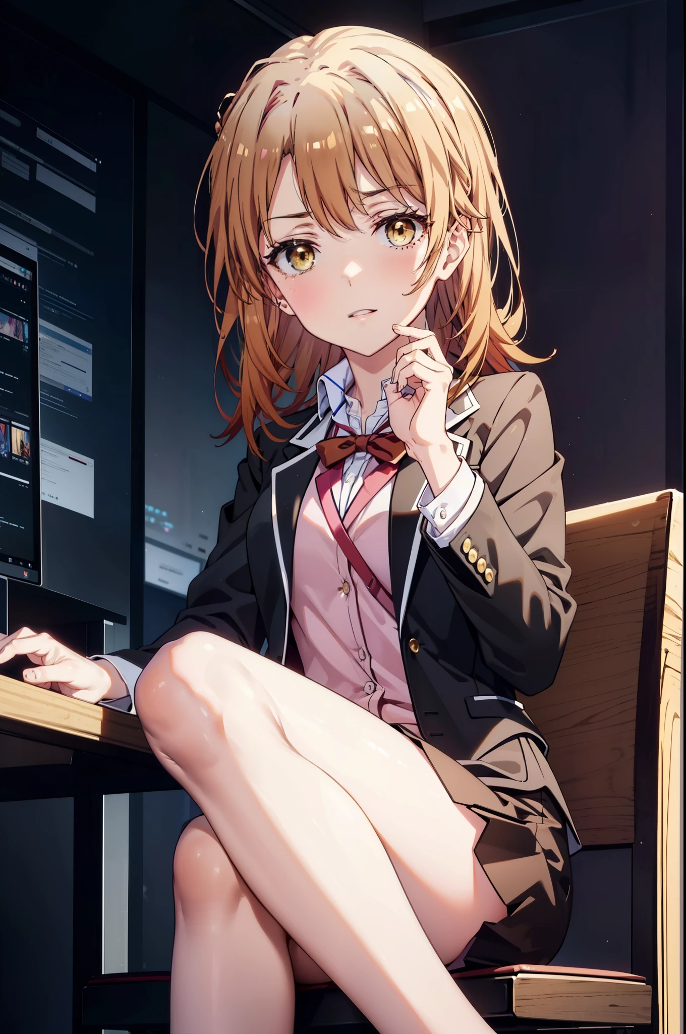 irohaisshiki, Iroha Isshiki, Long Hair, Brown Hair, (Brown eyes:1.5), Pink hair band ,Hair between the eyes, happy smile, smile, Open your mouth,OL, Akagi glasses, Black suit jacket, Collared jacket, White dress shirt, Collared shirt, Neckline, button, Black pencil skirt, Black Pantyhose,Stiletto heels,sitting cross-legged on a chair,There is a computer on the table,touch typing,whole bodyがイラストに入るように,Daytime,快晴
break indoors, オフィス
break looking at viewer, whole body, (Cowboy Shot:1. 5)
break (masterpiece:1.2), highest quality, High resolution, unity 8k wallpaper, (shape:0.8), (Beautiful details:1.6), Highly detailed face, Perfect lighting, Highly detailed CG, (Perfect hands, Perfect Anatomy),