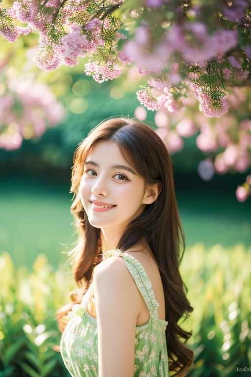 highest quality,4K,8k,High resolution,masterpiece:1.2,Vibrant colors,Portraiture,Girl In The Garden,Beautiful fine details,Beautiful lip detail,Highly detailed eyes and face,Long eyelashes,Soft and flowing hair,Natural, glowing skin,Cute smile,Fluttering summer dress,Freshly bloomed flowers,Green grass and trees々,Warm sunshine,Playful pose,Serene atmosphere,Soft color palette,Subtle lighting effects