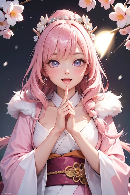 Very detailed CG Unity 8K wallpaper, Cute One lady, Mature pink hair、lady ,beautiful lady, pale skin (Super masterpiece, Beautiful person, well detailed face polluted smile, Photorealistic, hyper realisitic), Colorful winter kimono in pink and white colors、(white fur)、Japanese Style Hair Accessories、smile、Japanese background with light pink flowers and snow、Portrait、(pink eye)、(flat chest:1.0)、(Glowing Skin:1.7)、Detailed eyes、Big eyes、Open your mouth、Detailed hand、Accurate hands、Accurate Fingers、5Finger、Hide your arms
