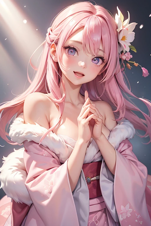 Very detailed CG Unity 8K wallpaper, Cute One lady, Mature pink hair、lady ,beautiful lady, pale skin (Super masterpiece, Beautiful person, well detailed face polluted smile, Photorealistic, hyper realisitic), Colorful winter kimono in pink and white colors、(white fur)、Japanese Style Hair Accessories、smile、Japanese background with light pink flowers and snow、Portrait、(pink eye)、(flat chest:1.0)、(Glowing Skin:1.7)、Detailed eyes、Big eyes、Open your mouth、Detailed hand、Accurate hands、Accurate Fingers、5Finger、Hide your arms