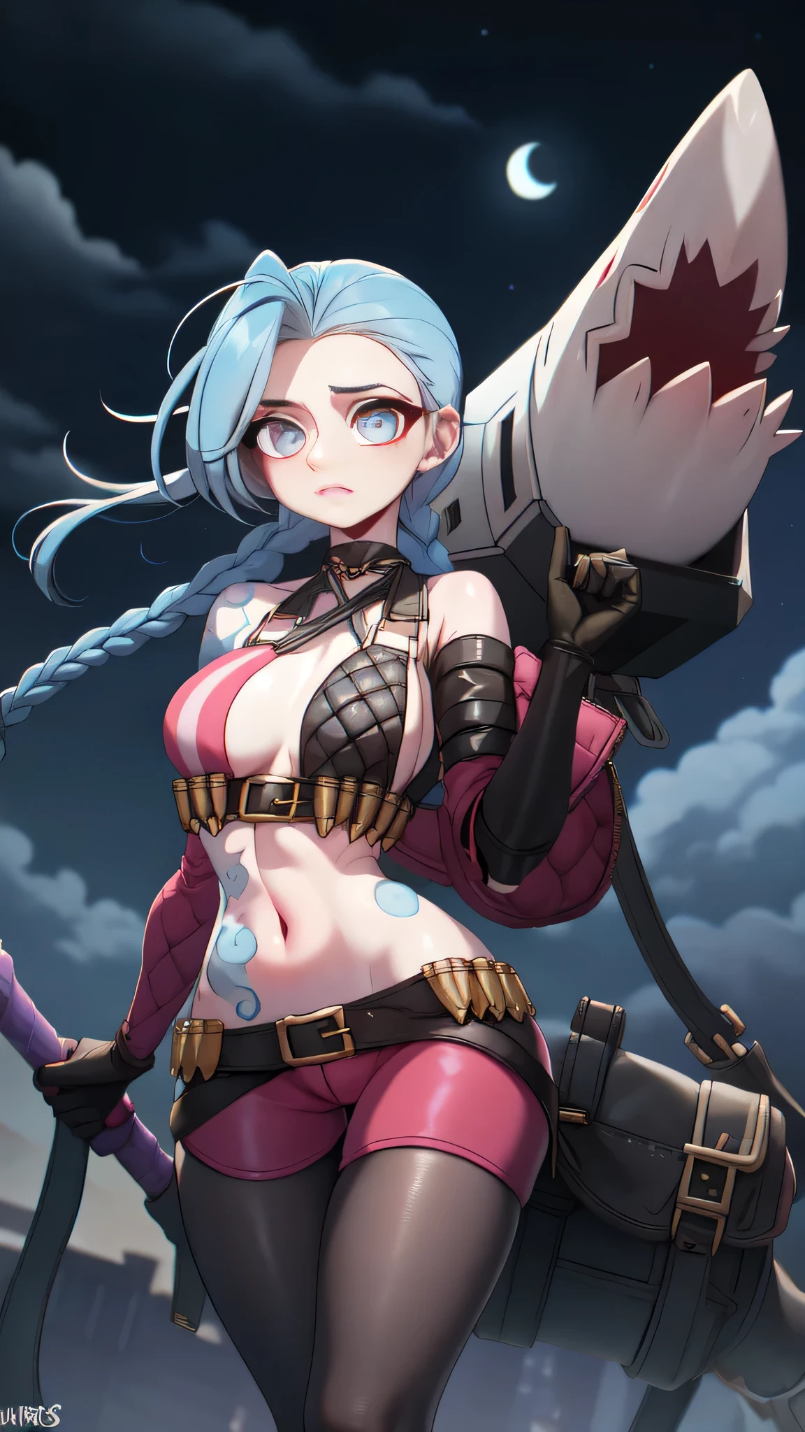 Jinx \(Arcane\), 1girl, combat position, long hair, two braids, tattoos on the body, clouds print, belt, Jinx's main weapon is her minigun nicknamed "Puff-Pyshch", the shocker "Chpoker", "biting grenades", Super-mega-rocket, as well as the shark-shaped rocket launcher "Skeleton", bodysuit, open navel, exfoliated sleeves, blue eyes, thigh vent, holding, holding a weapon, looking at the viewer, night, night sky, bag,  sky, solo, weapon, white hair, wire, short shorts, shorts, open jacket, ((masterpiece, best quality)), close-up, straight, ((1 girl)), (incredible absurdity), (detailed light), lighting.