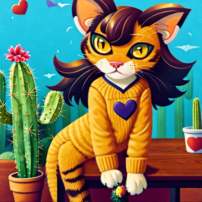 this image features an anthropmorphic cat girl in a sweater and blue jeans looking very confused at a cactus on a table before her. there is a floating heart next to her head.