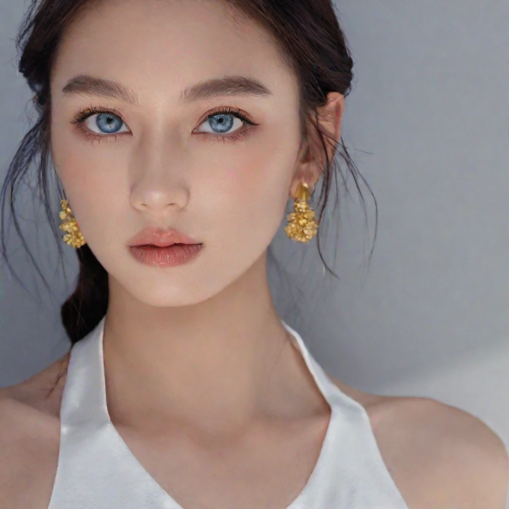 (best quality, 4k, Masterpiece, ultra detailed, hyperrealism), Miss, super model, very beautiful, brown hair, (with braids, loose hair, short hair), full and perfect body, woman with a perfect body, her beauty is legendary, you sigh when you see her, perfect, perfect, perfacta, exposed navel, haute couture, standing looking at the viewer with beautiful aqua blue eyes. perfect body, beautiful face. Photographed with a Canon EOS R5, 50mm lens, F/2.8