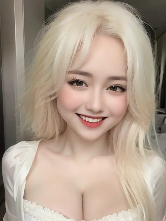 (realistic、masterpiece、Best Quality、8K、highres、high resolution:1.3)、1 girl、smile, Huge breasts、white bikini、pale white skin、looking at viewers、super fine face and eyes、long blonde hair、indoor、 upper body、