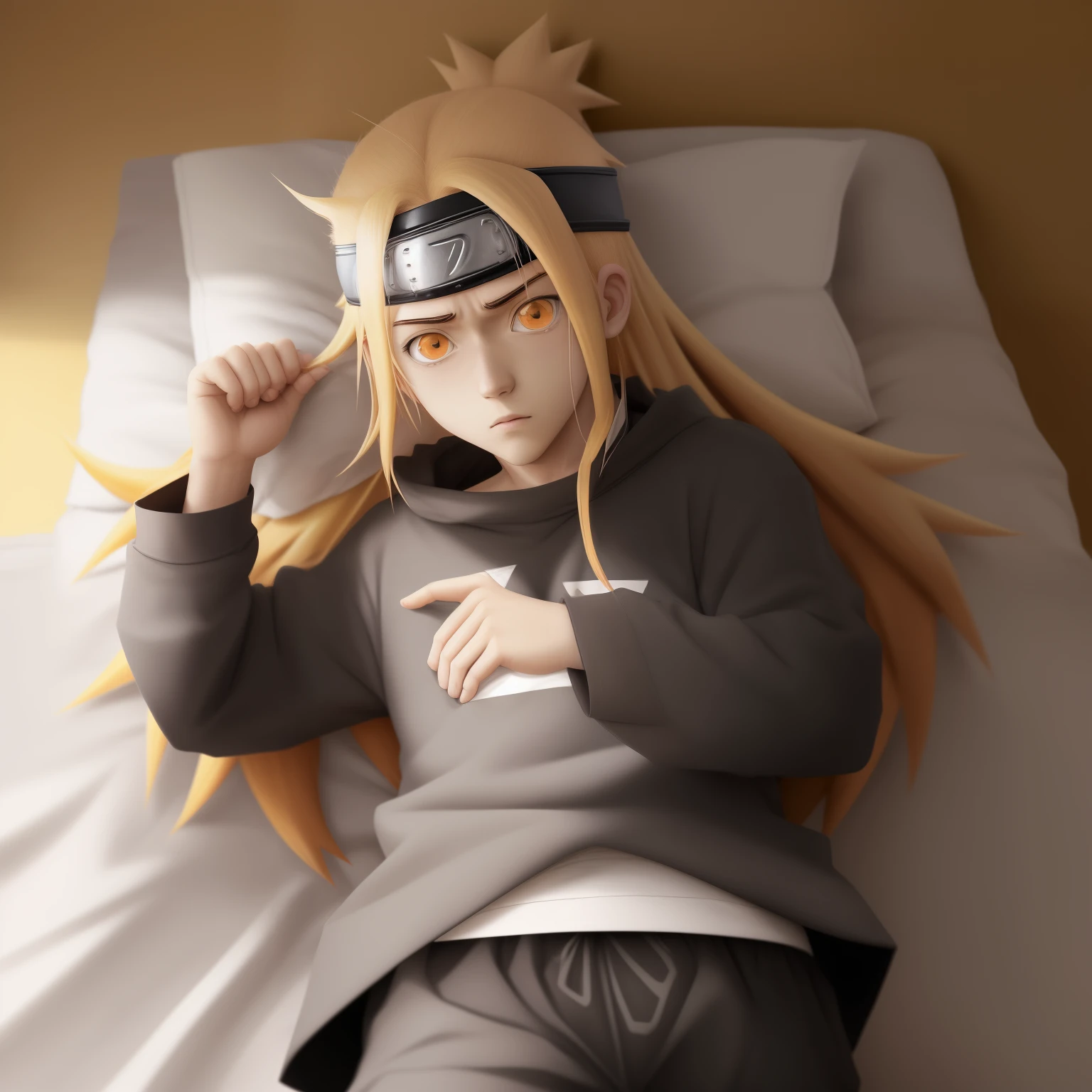 Hinata, cabelos longos pretos, roupa leve, deitada na cama, olhando pra naruto, naruto, cabelo curto amarelo, sem camisa, deitado na cama, olhando pra hinata, hinata, perto de Naruto, Naruto, perto de hinata, long hair, perspective, anime, image fill, super detail, high quality