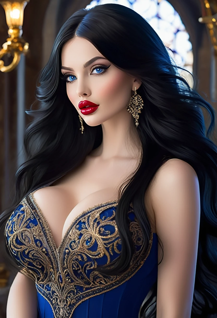 Create An Intricate Illustration With An Enchanting Girl With Long, Flowing Black Hair, And An Alluring Yet Cute Countenance. Her Most Striking Features Include Whimsical, Deep Blue Eyes That Seem To Hold A Touch Of Mischief And Full, Sensual Crimson Lips. She Is-Buxom, Wearing A Elegant Dress Made For Royalty. The Girl's Demeanor Is-Vivacious, With An Air Of Intelligence And An Underlying Playfulness. She Carries An Enchanting Hint Of Naughtiness. The Backdrop Has An Otherworldly Castle, The Image Should Capture Her Captivating Beauty And The Sense Of Wonder Brought By The Ethereal Castle.
