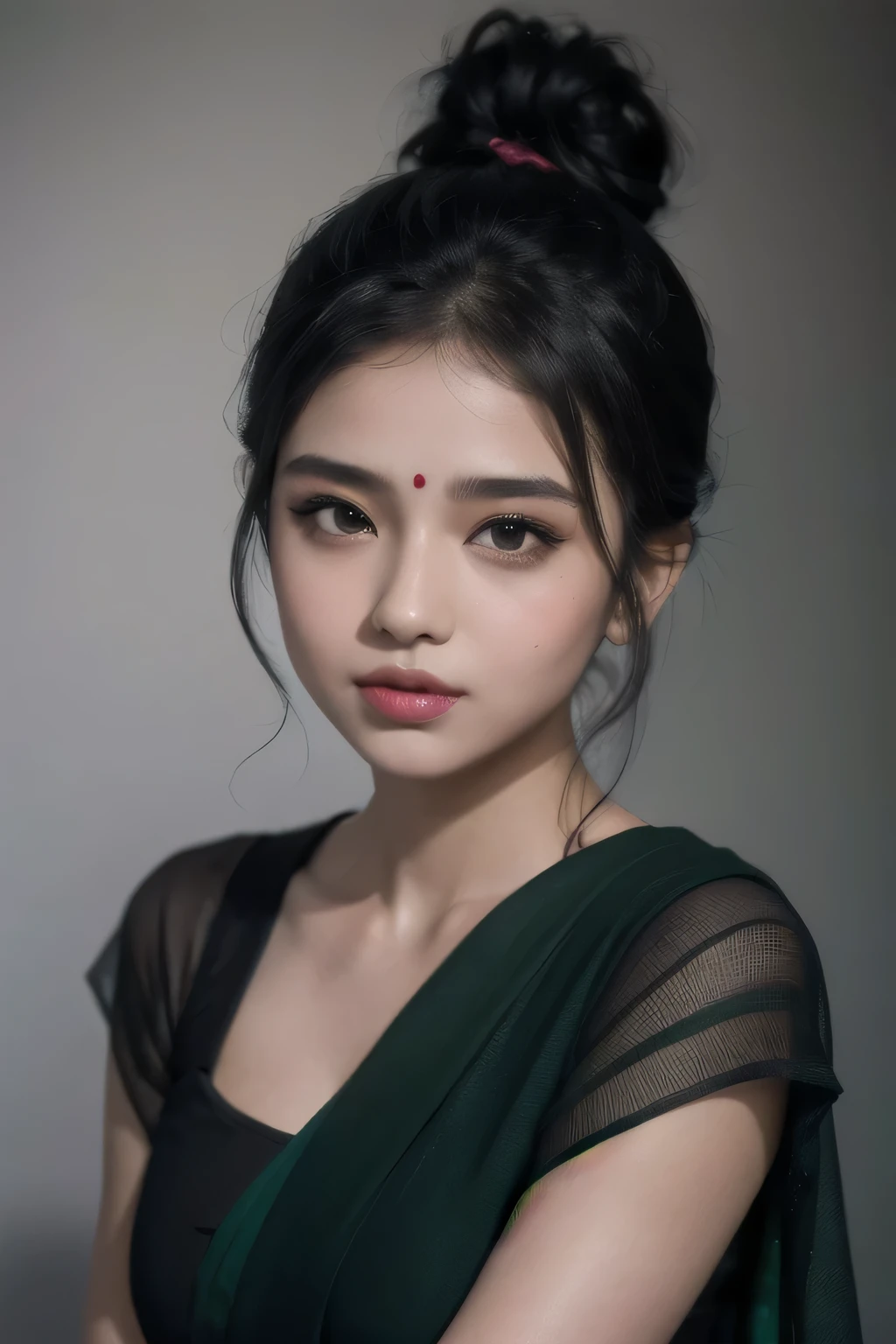 Amazing portrait of a sexy woman with a beautiful face and black hair tied in a messy bun wearing amazing makeup and blushing intensely while she's flustered and lustful and getperfect lips are parted wearing a black blouse and a sheer dark green saree and she's hot