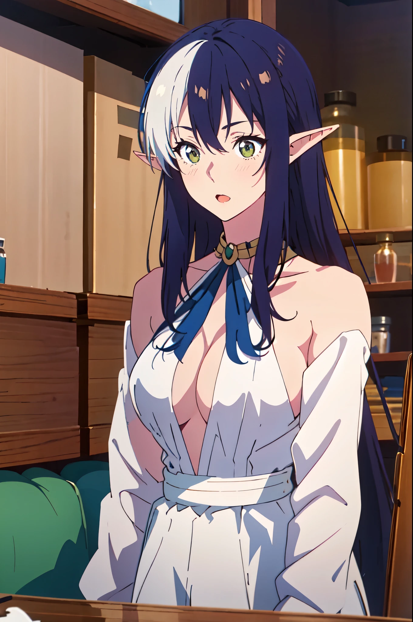 masterpiece, best quality, (illustration), naked, solo, Frieren, pointy ears, twintails, green eyes, elf, long hair, white hair, thick eyebrows, parted bangs, breasts, standing