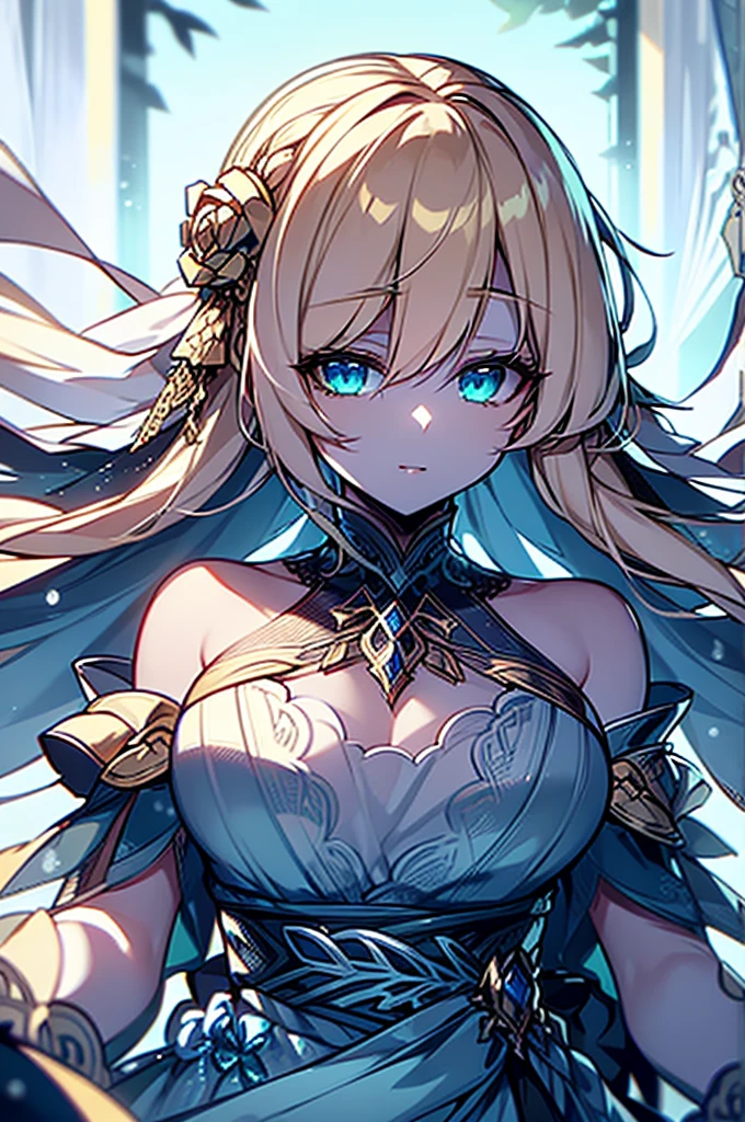 Very beautiful and badass girl (pale skin, light blonde hair and eyes; evening dress, bright eyes, very beautiful, ice hands), haughty smile. There are snowflakes around. She summons ice. Beautiful skin. Beautitul and detailed eyes. green eyes. Her eyes shine, her hair looks nice and shines too. Himecut hairstyle, golden earrings, shining golden hairpin. She’s in a fantasy snow kingdom. That feminine beauty is present in her. juicy lips.