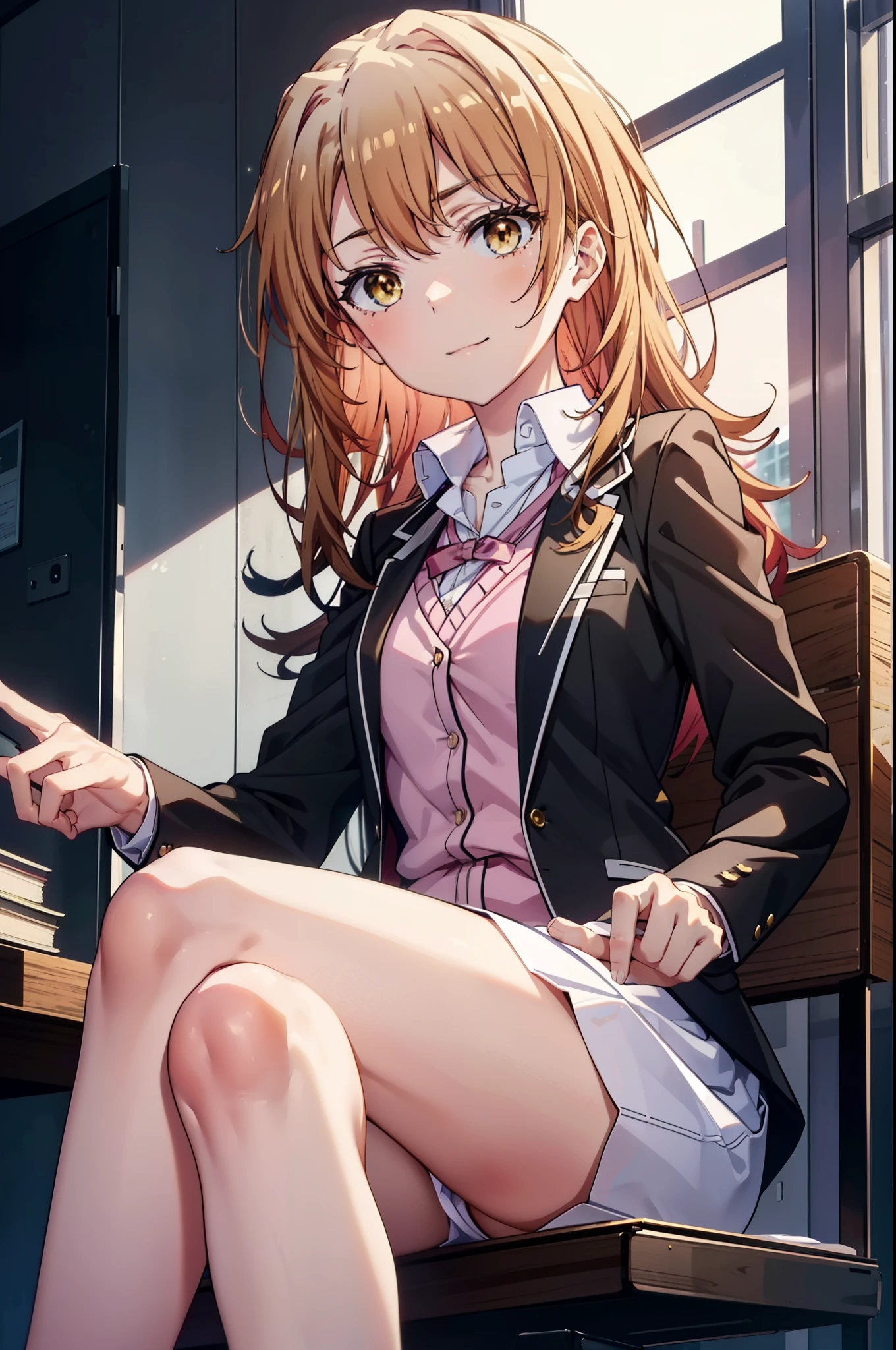 irohaisshiki, Iroha Isshiki, Long Hair, Brown Hair, (Brown eyes:1.5), Pink hair band ,Hair between the eyes, happy smile, smile, Open your mouth,OL, Akagi glasses, Black suit jacket, Collared jacket, White dress shirt, Collared shirt, Neckline, button, Black pencil skirt, Black Pantyhose,Stiletto heels,sitting cross-legged on a chair,There is a computer on the table,touch typing,whole bodyがイラストに入るように,Daytime,快晴
break indoors, オフィス
break looking at viewer, whole body, (Cowboy Shot:1. 5)
break (masterpiece:1.2), highest quality, High resolution, unity 8k wallpaper, (shape:0.8), (Beautiful details:1.6), Highly detailed face, Perfect lighting, Highly detailed CG, (Perfect hands, Perfect Anatomy),