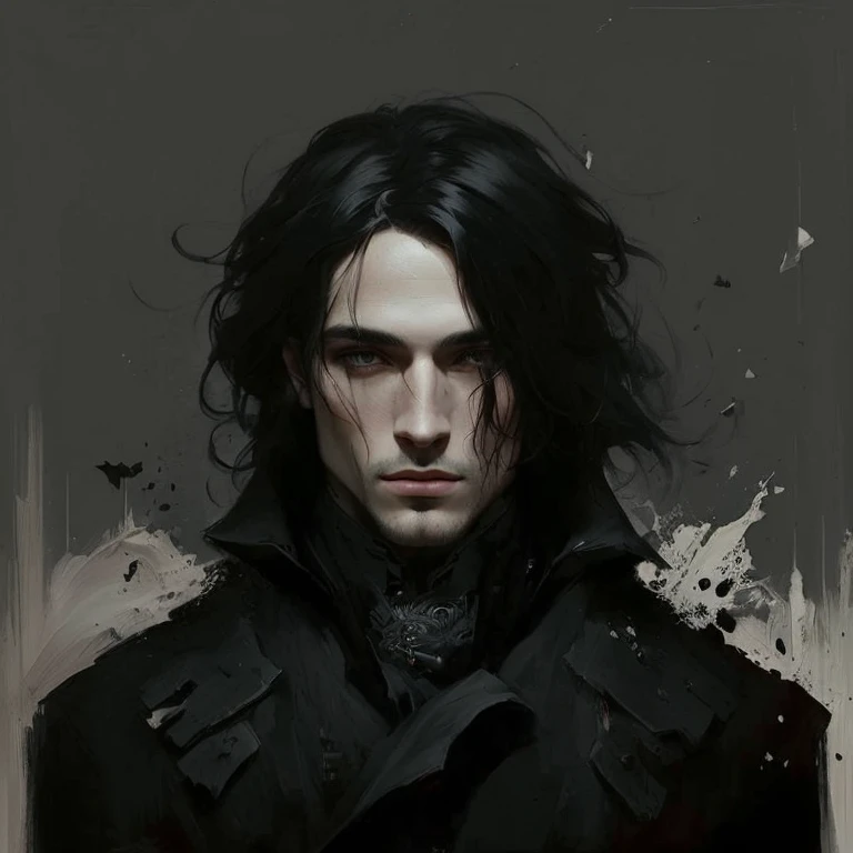 uma pintura de um homem com cabelos longos e um casaco preto, arte de estilo fantasia sombria, retrato de fantasia sombria, retrato masculino de fantasia, design de personagens de fantasia sombria, arte conceitual sombria, fantasia sombria misturada com realismo, retrato de arte de personagem, retrato de arte conceitual de personagem, arte conceitual de fantasia sombria, arte de retrato de personagem, Arte impressionante de personagens, retrato de personagem pintado, no estilo da arte de fantasia sombria