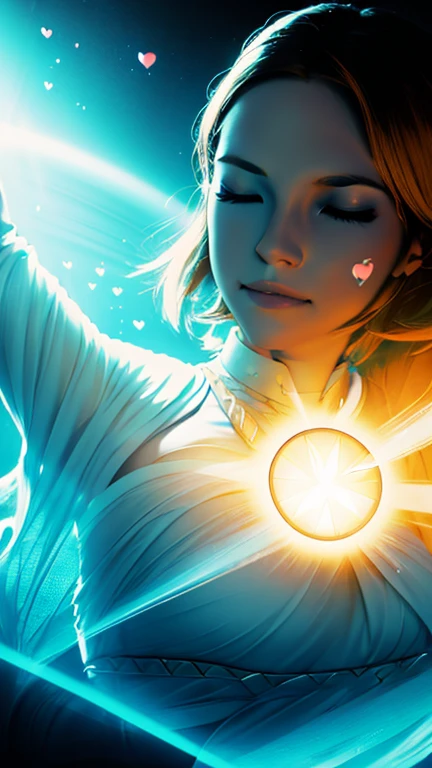 woman in medium shot, eyes closed, facial expression of lightness, arms open in an attitude of surrender, light from her heart chakra, releasing energetic fluids of light