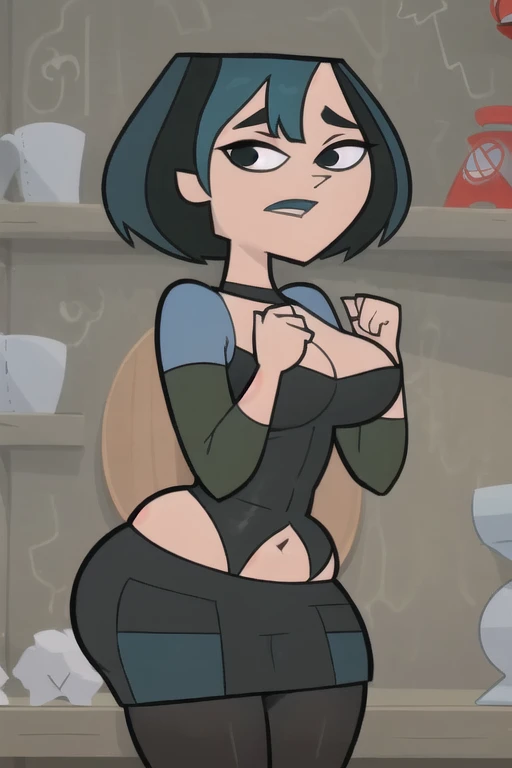 (8k, RAW photo, best quality, masterpiece:1.2), (intricate details), perfect eyes, perfect face, perfect lighting, beautiful, (masterpiece:1.2), (best quality:1.2), 1girl, cartoon style, gwentdi, solo, black eyes, face portrait, look at the viewer, chubby potbelly, plump