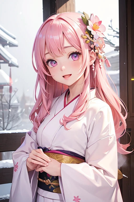 Very detailed CG Unity 8K wallpaper, Cute One lady, Mature pink hair、lady ,beautiful lady, pale skin (Super masterpiece, Beautiful person, well detailed face polluted smile, Photorealistic, hyper realisitic), Colorful winter kimono in pink and white colors、(white fur)、Japanese Style Hair Accessories、smile、Japanese background with light pink flowers and snow、Portrait、(pink eye)、(flat chest:1.0)、(Glowing Skin:1.7)、Detailed eyes、Big eyes、Open your mouth、Hide your arms