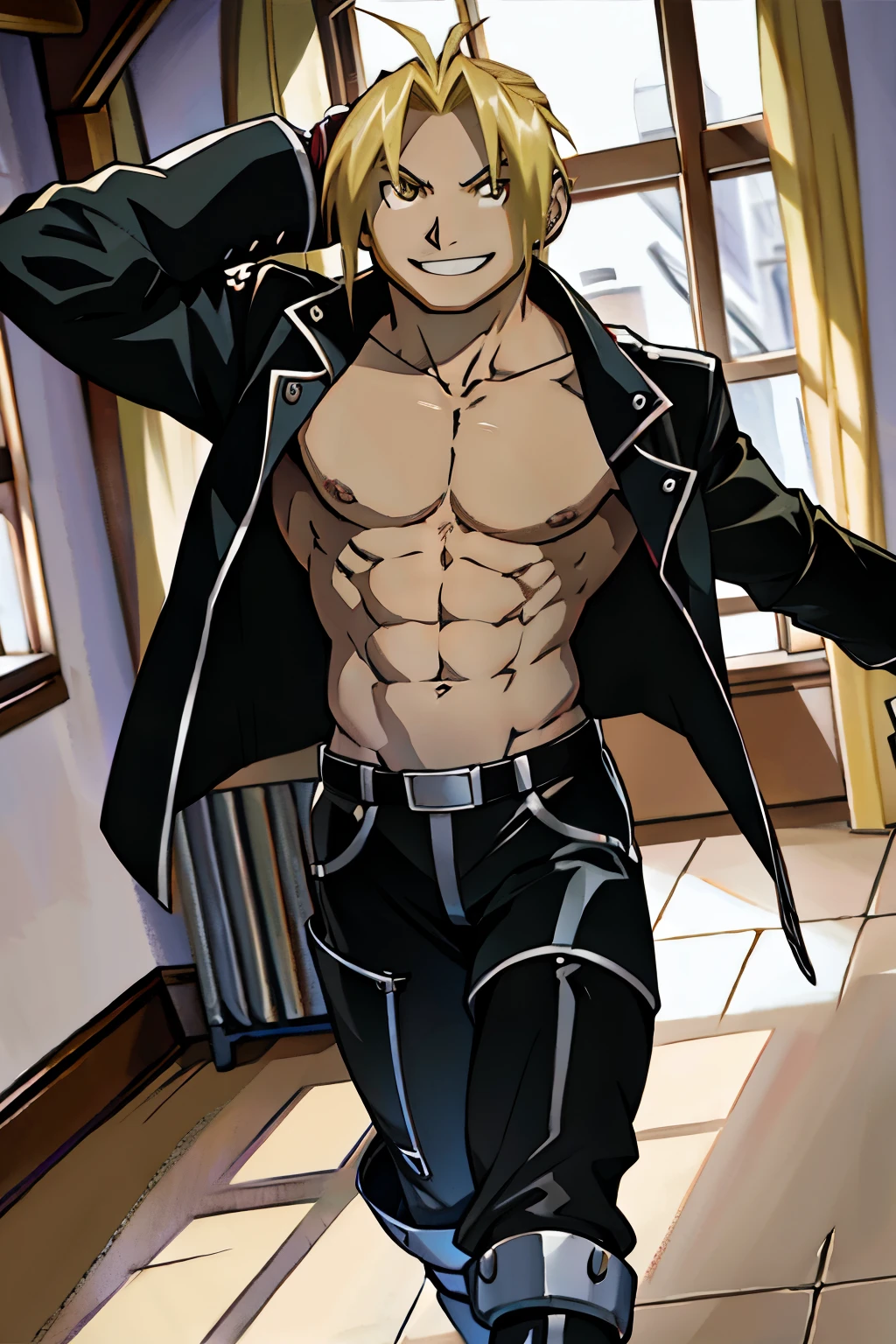 Edward Elric from Fullmetal Alchemist, wearing black jacket, smug smile, defined body, shirtless, abs, white empty room