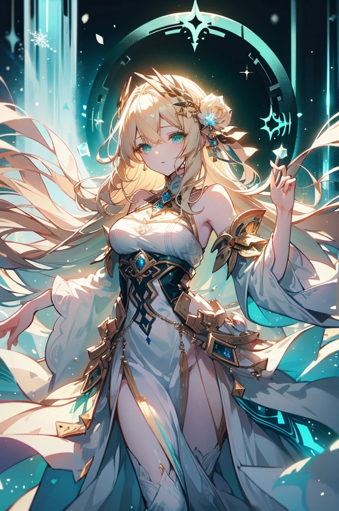 Very beautiful and badass girl (pale skin, light blonde hair and eyes; evening dress, bright eyes, very beautiful, ice hands), haughty smile. There are snowflakes around. She summons ice. Beautiful skin. Beautitul and detailed eyes. green eyes. Her eyes shine, her hair looks nice and shines too. Himecut hairstyle, golden earrings, shining golden hairpin. She’s in a fantasy snow kingdom. That feminine beauty is present in her. juicy lips.