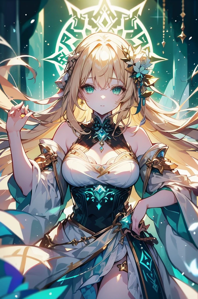 Very beautiful and badass girl (pale skin, light blonde hair and eyes; evening dress, bright eyes, very beautiful, ice hands), haughty smile. There are snowflakes around. She summons ice. Beautiful skin. Beautitul and detailed eyes. green eyes. Her eyes shine, her hair looks nice and shines too. Himecut hairstyle, golden earrings, shining golden hairpin. She’s in a fantasy snow kingdom. That feminine beauty is present in her. juicy lips.
