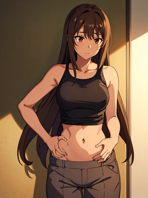 masterpiece, high quality) brown skin anime girl in a string tank, (trousers), famished in hunger, (gently resting hands on stomach), (long hair), (hands on her stomach)