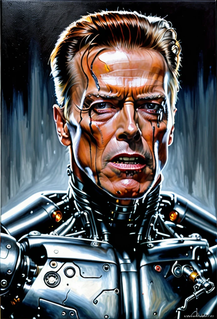 a ((photo realistic:1.25)) oil on canvas painting of a Terminator T-800 series CYBORG [Arnold Schwarzenegger:David Bowie:0.45] with an expression of disbelief, not afraid but very shocked