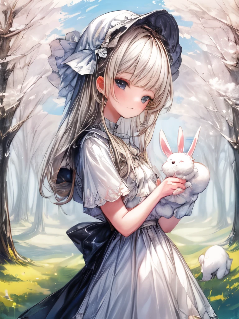 A girl playing with rabbits in a peaceful spring landscape.