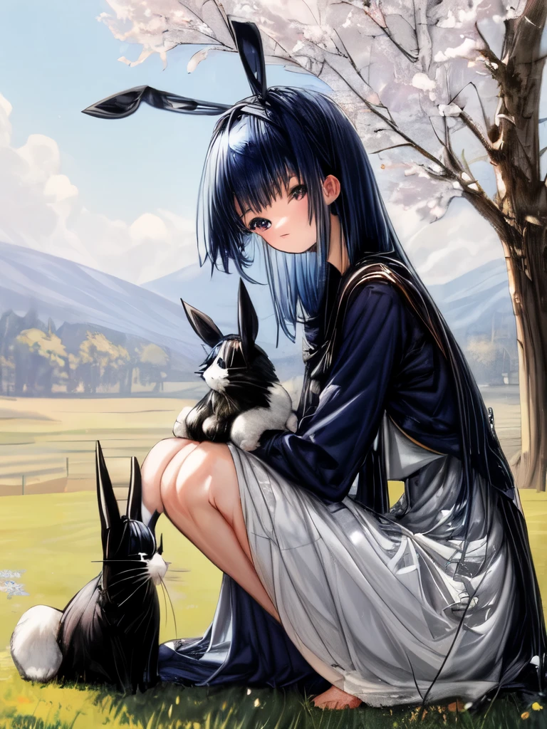 A  girl with navy blue hair playing with rabbits in a peaceful spring landscape.