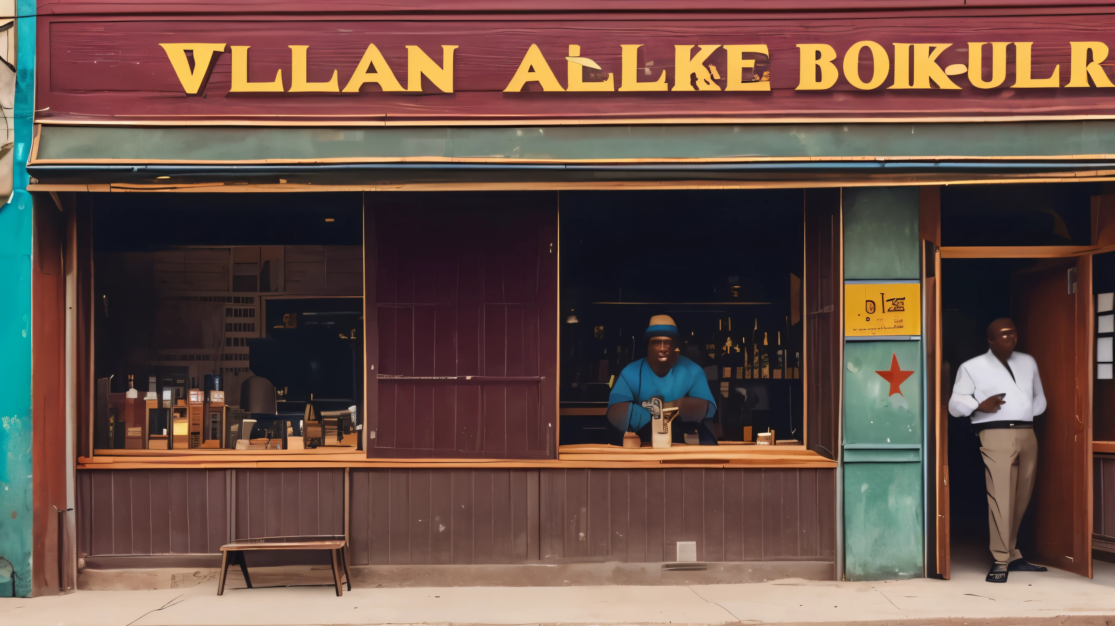 An old black man playing a trumpeter in the corner of a dilapidated bar in the 1950s with poor lighting、A dimly lit bar、In illustration、Overall depiction of the bar