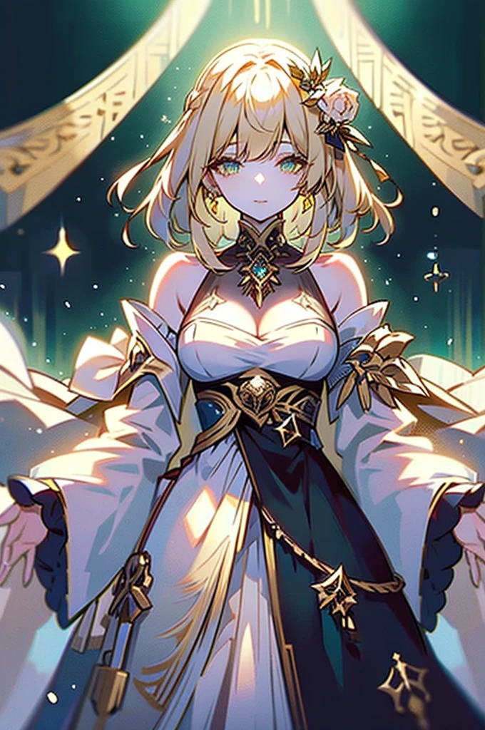 Very beautiful and badass girl (pale skin, light blonde hair and eyes; evening dress, bright eyes, very beautiful, ice hands), haughty smile. There are snowflakes around. She summons ice. Beautiful skin. Beautitul and detailed eyes. green eyes. Her eyes shine, her hair looks nice and shines too. Himecut hairstyle, golden earrings, shining golden hairpin. She’s in a fantasy snow kingdom. That feminine beauty is present in her. juicy lips.