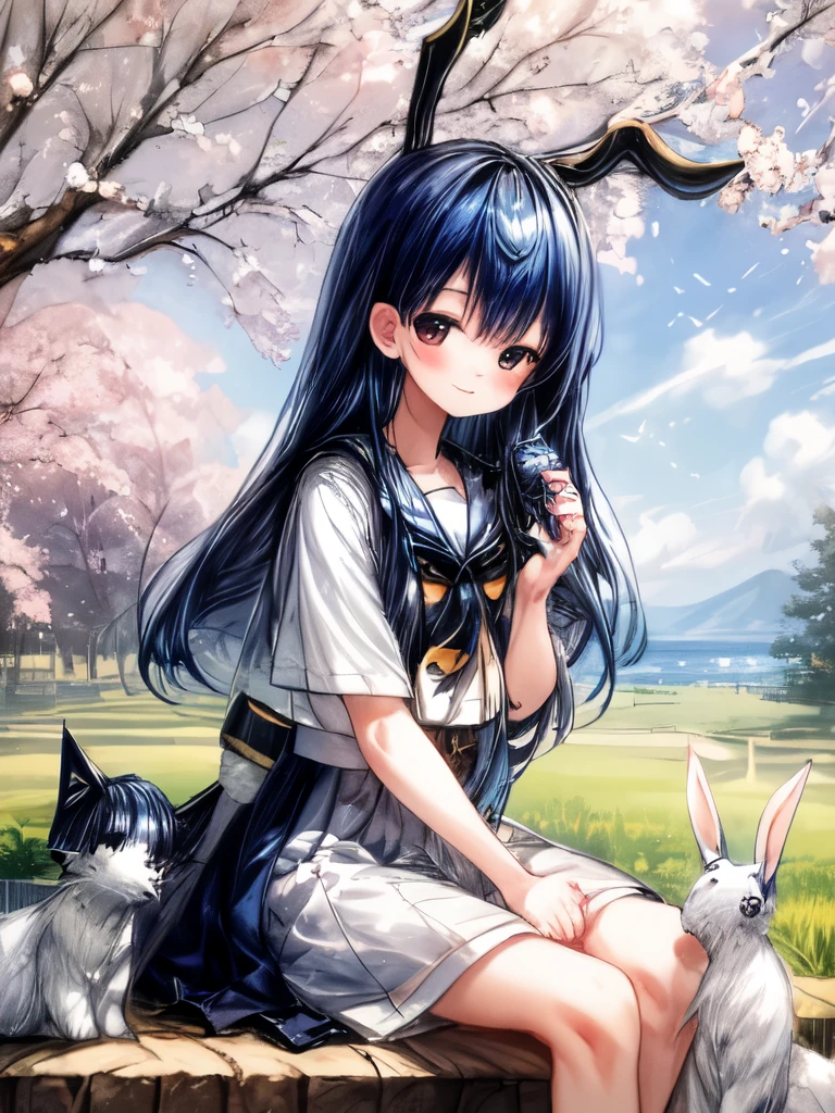 A girl with navy blue hair playing with rabbits in a peaceful spring landscape.