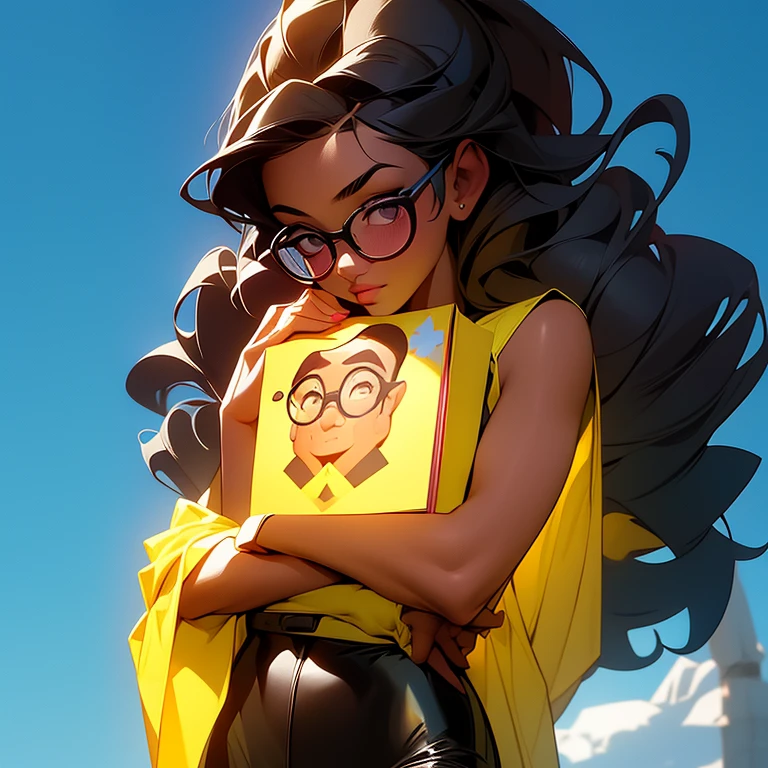 a picture of a girl with glasses holding a book, as a pixar character, black jesus, no watermark signature, beautiful university girl, yellow skin, inspired by Paul Mavrides, hyperrealistic full figure, long curly brown hair, telegram sticker, christianism, paladin, pray, belle