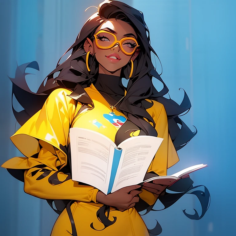 a picture of a girl with glasses holding a book, as a pixar character, black jesus, no watermark signature, beautiful university girl, yellow skin, inspired by Paul Mavrides, hyperrealistic full figure, long curly brown hair, telegram sticker, christianism, paladin, pray, belle