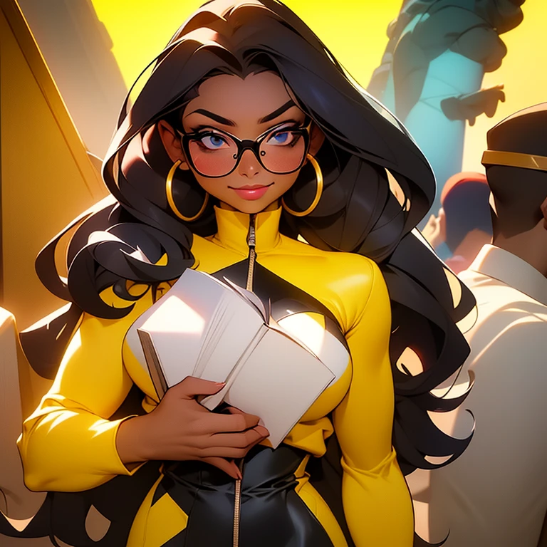 a picture of a girl with glasses holding a book, as a pixar character, black jesus, no watermark signature, beautiful university girl, yellow skin, inspired by Paul Mavrides, hyperrealistic full figure, long curly brown hair, telegram sticker, christianism, paladin, pray, belle