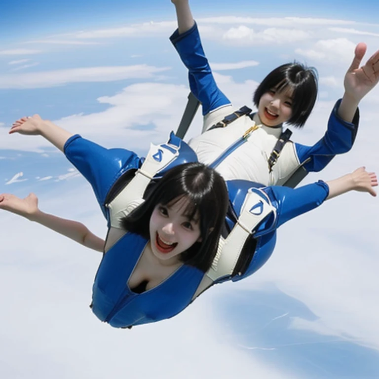 A cute, beautiful, voluptuous Japanese woman in her 20s with medium-long bob cut hair was skydiving at 4000 meters above the ground.、They are having so much fun that they are spreading their arms and legs out in excitement.