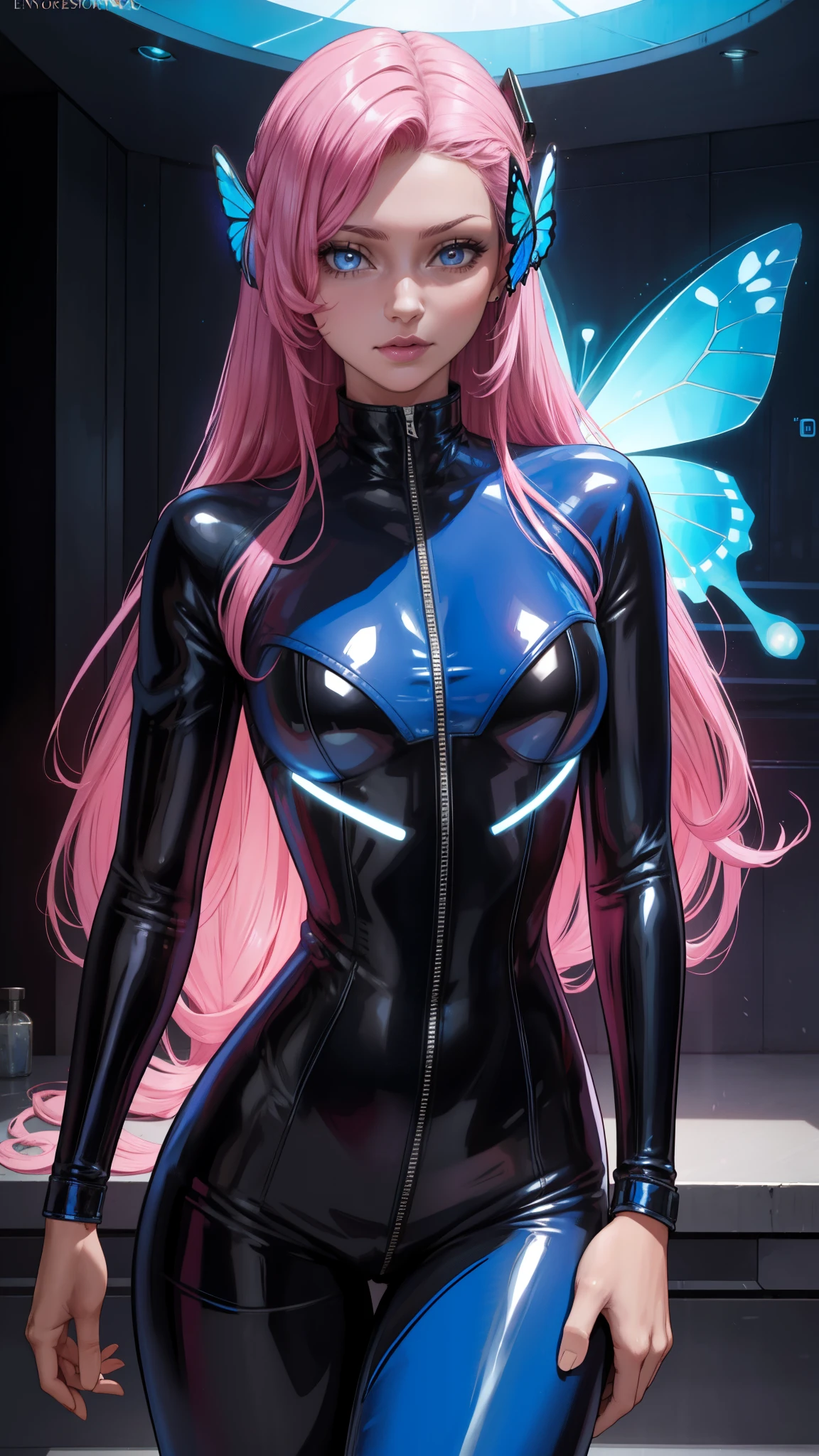 Glowing blue butterfly，Blue skinny latex jacket，agent，1girll，pink long hair, Masterpiece, Best quality,A high resolution,Detail enhancement，best qualtiy，Perfect image quality，Cool and elegant，Beautiful and gentle，cyber punk perssonage
