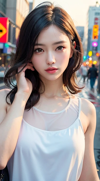 Girl with Camera, Mix 4,(8k, RAW Photos, highest quality, masterpiece:1.2), (Realistic, photo-Realistic:1.37),One girl,cute,Cityscape, night, rain, Wet, Professional Lighting, Photon Mapping, Radio City, Physically Based Rendering, Gradient brunette hair, Short Curly Hair, good looking, Girlish, White ball set, Great image quality, High resolution, 1080p, (Clear Face), (Detailed face description), (Detailed hand description), (masterpiece), (Exquisite CGI), Extreme light and shadow, Messy Hair, masterpiece, Rich details, (Graceful features), (Best image quality), (masterpiece), (Fine grain), I look forward to seeing you, Delicate clavicle