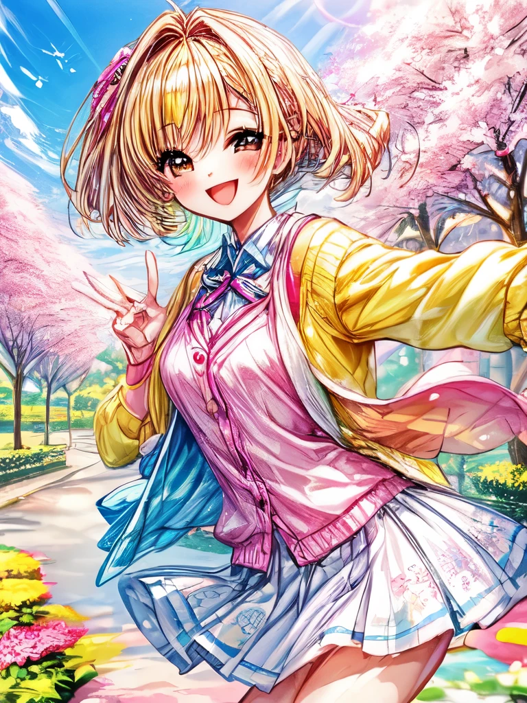 A cute girl wearing a cardigan with a cheerful smile on her face, standing in a sunny garden surrounded by colorful flowers.