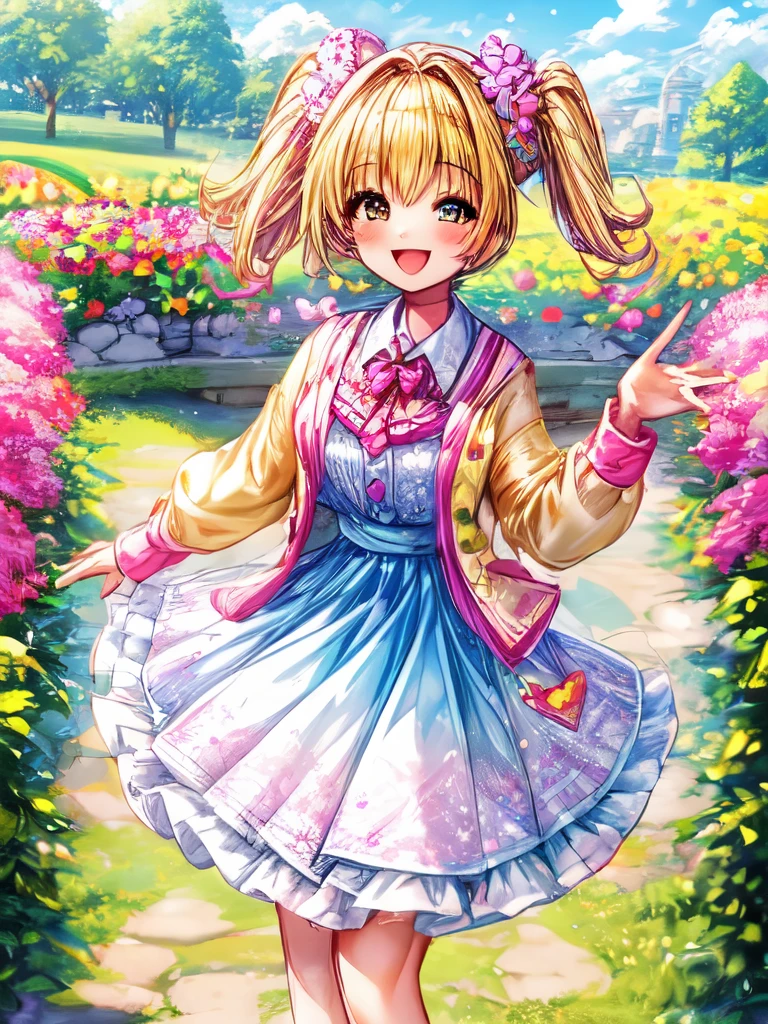 A cute girl wearing a cardigan with a cheerful smile on her face, standing in a sunny garden surrounded by colorful flowers.