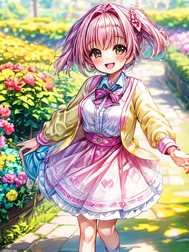 A cute girl wearing a cardigan with a cheerful smile on her face, standing in a sunny garden surrounded by colorful flowers.