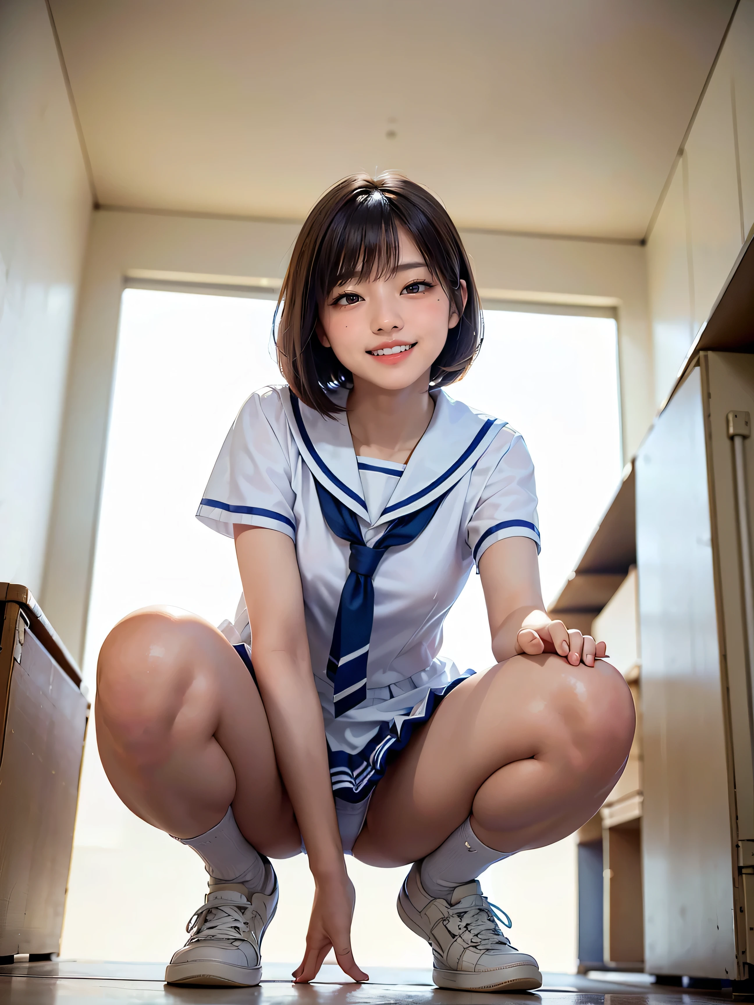 (masterpiece,highest quality,High resolution,Realistic,photograph:1.2),(One high school girl:1.2), (((Short-sleeved sailor suit), Navy blue pleated skirt),(White sneakers),White socks),(Smiling with some teeth showing and eyes narrowed:1.3),(Bobcut,Brown Hair,Natural Makeup, Eyelash extensions, Make your eyelashes thinner and longer:1.3),(Cowboy Shot:1.3),( Japanese girl:1.2),(clothing that fits:1.2),(School corridor:1.3), (The subject is viewed from below:1.2), (Panty shot:1.3), (Random sexy poses, Leg spread, Squatting and tiptoe:1.3)