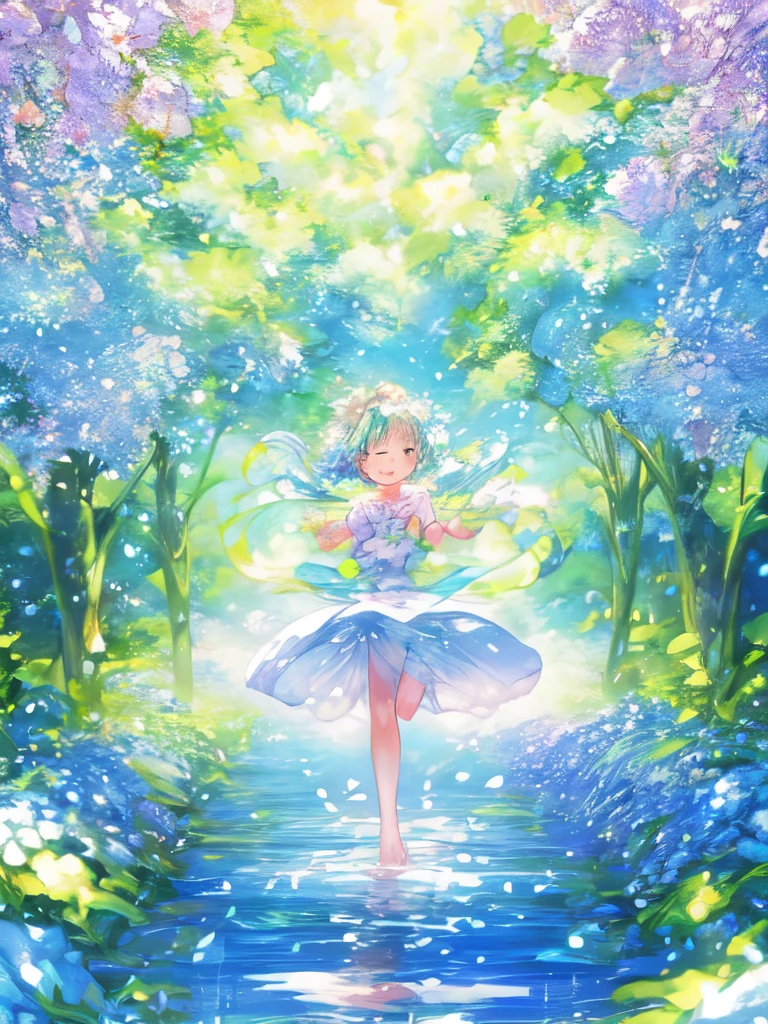a beautiful and serene image capturing the essence of spring with blooming flowers, vibrant greenery, and clear blue skies. The image should exude a sense of freshness and renewal, with a gentle breeze rustling the petals and leaves. The colors should be soft and pastel, evoking a feeling of tranquility and joy.