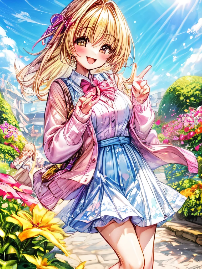 A cute girl wearing a cardigan with a smile on her face, standing in a sunny garden surrounded by colorful flowers.