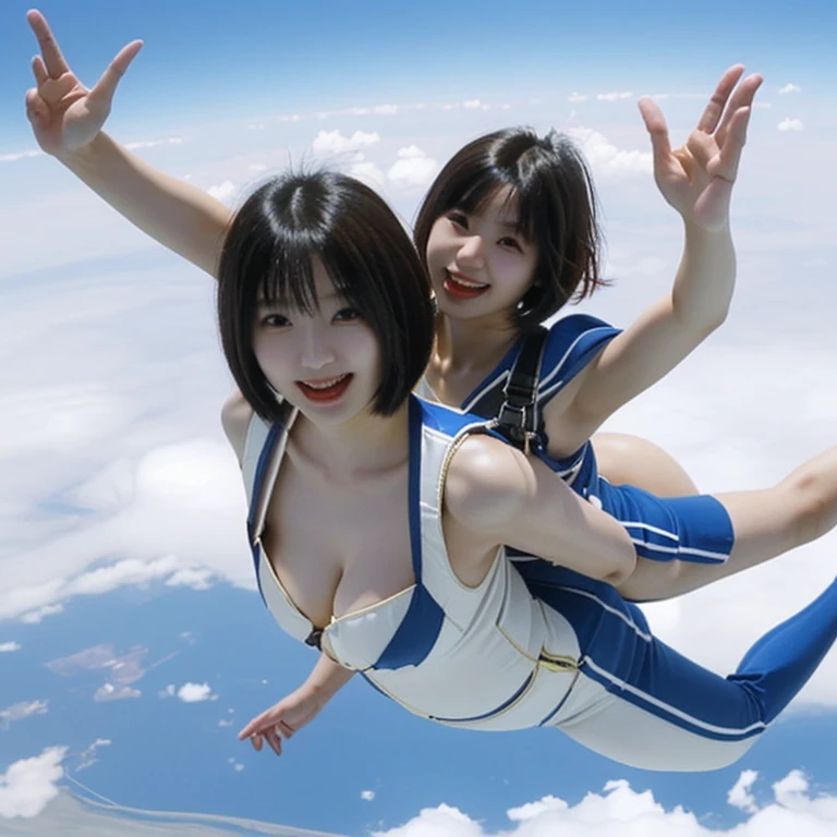 A cute, beautiful, voluptuous Japanese woman in her 20s with medium-long bob cut hair was skydiving at 4000 meters above the ground.、They are having so much fun that they are spreading their arms and legs out in excitement.