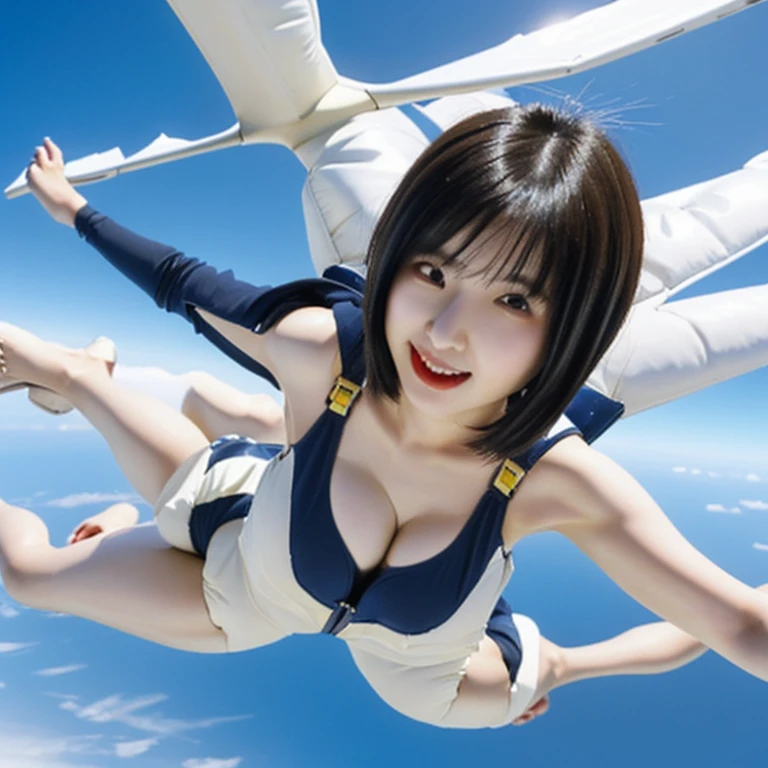 A cute, beautiful, voluptuous Japanese woman in her 20s with medium-long bob cut hair was skydiving at 4000 meters above the ground.、They are having so much fun that they are spreading their arms and legs out in excitement.