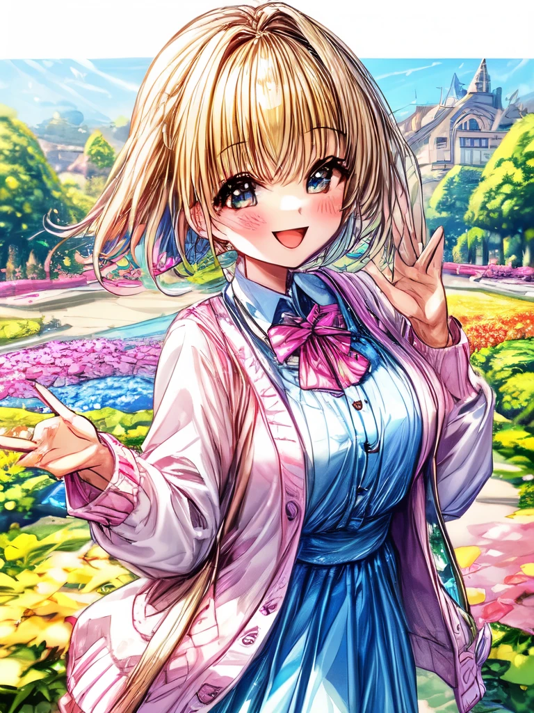 A cute girl wearing a cardigan with a smile on her face, standing in a sunny garden surrounded by colorful flowers.