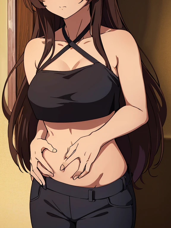 masterpiece, high quality) brown skin anime girl in a halter top and trousers, famished in hunger, (gently resting hands on stomach), (long hair), (hands on her stomach)